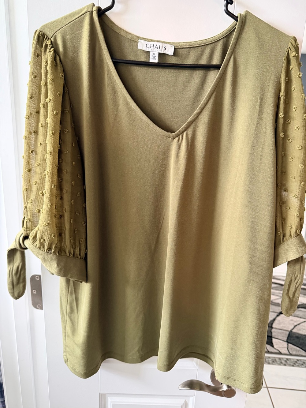 Chaus Olive Green V-Neck Blouse with Dot-Textured Sheer Sleeves